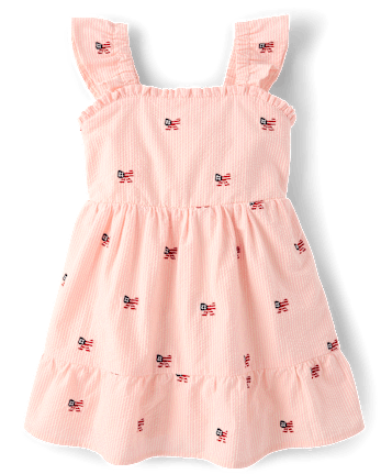 Girls Embroidered Flag Seersucker Tiered Dress - Nantucket Charm