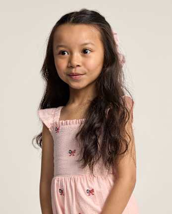 Girls Embroidered Flag Seersucker Tiered Dress - Nantucket Charm