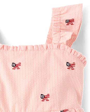 Girls Embroidered Flag Seersucker Tiered Dress - Nantucket Charm