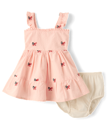 Baby Girls Embroidered Flag Seersucker Tiered Dress - Nantucket Charm