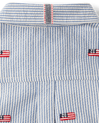 Boys Embroidered Flag Seersucker Button Up Shirt - Nantucket Charm