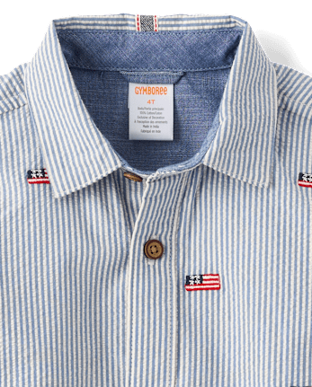 Boys Embroidered Flag Seersucker Button Up Shirt - Nantucket Charm