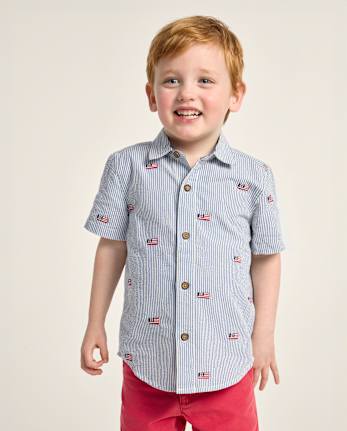 Boys Embroidered Flag Seersucker Button Up Shirt - Nantucket Charm