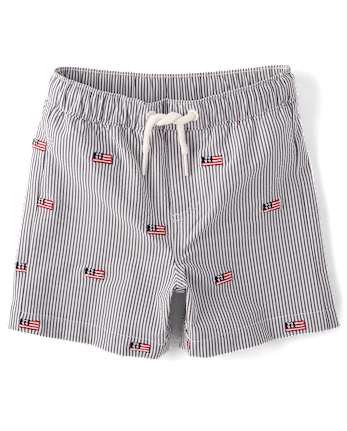 Boys Embroidered Flag Seersucker Swim Trunks - Swim Shop