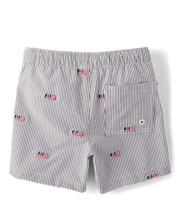 Boys Embroidered Flag Seersucker Swim Trunks - Swim Shop