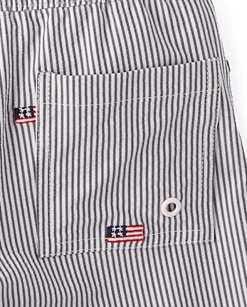 Boys Embroidered Flag Seersucker Swim Trunks - Swim Shop