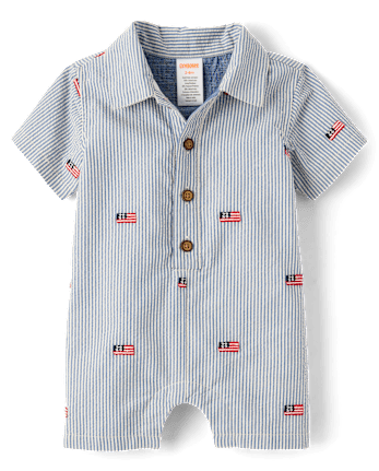 Baby Boys Embroidered Flag Seersucker Romper - Nantucket Charm