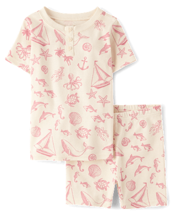Girls Coastal Toile Snug Fit Cotton Henley Pajamas - Gymmies