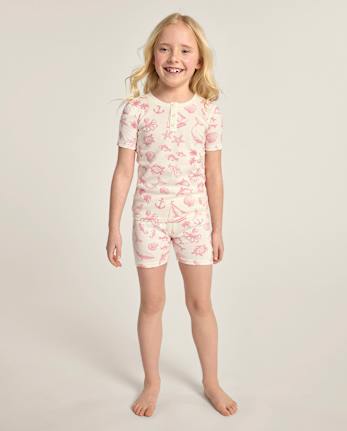 Girls Coastal Toile Snug Fit Cotton Henley Pajamas - Gymmies