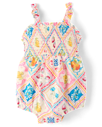 Baby Girls Tile Bow Shoulder Bubble Romper - Amalfi Coast