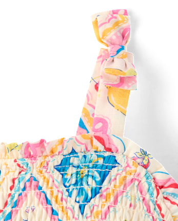 Baby Girls Tile Bow Shoulder Bubble Romper - Amalfi Coast