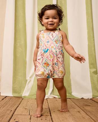Baby Girls Tile Bow Shoulder Bubble Romper - Amalfi Coast