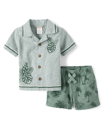 Baby Boys Embroidered  Tropical Leaf Linen-Blend 2-Piece Outfit Set - Amalfi Coast