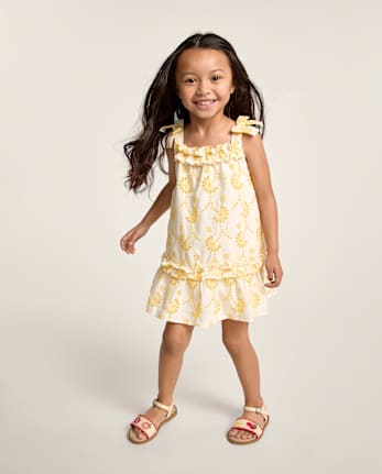 Girls Embroidered Eyelet Ruffle Swing Dress - Amalfi Coast