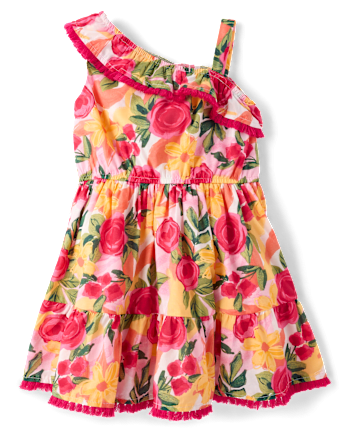 Girls Floral Tassel One Shoulder Dress - Amalfi Coast