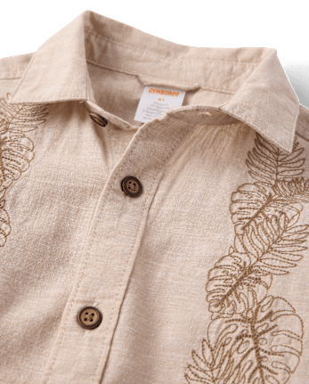 Boys Embroidered Tropical Leaf Linen-Blend Button Up Shirt - Amalfi Coast