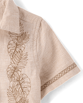 Boys Embroidered Tropical Leaf Linen-Blend Button Up Shirt - Amalfi Coast