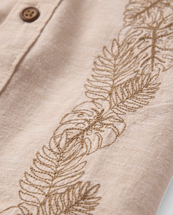 Boys Embroidered Tropical Leaf Linen-Blend Button Up Shirt - Amalfi Coast
