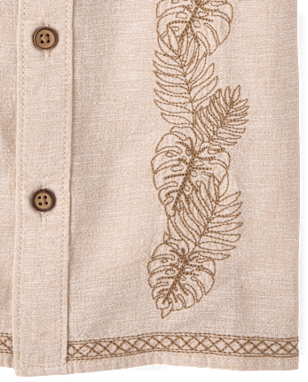 Boys Embroidered Tropical Leaf Linen-Blend Button Up Shirt - Amalfi Coast