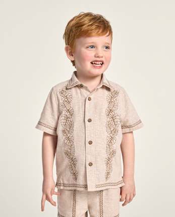 Boys Embroidered Tropical Leaf Linen-Blend Button Up Shirt - Amalfi Coast