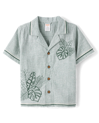 Boys Embroidered Tropical Leaf Linen-Blend Button Up Shirt - Amalfi Coast
