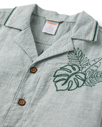 Boys Embroidered Tropical Leaf Linen-Blend Button Up Shirt - Amalfi Coast