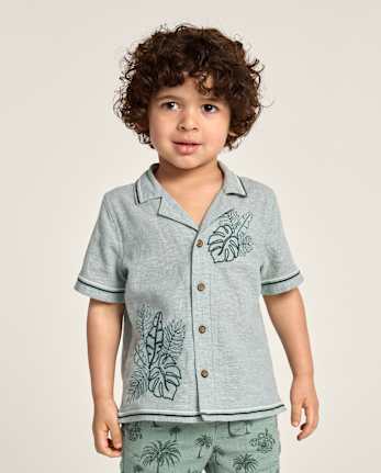 Boys Embroidered Tropical Leaf Linen-Blend Button Up Shirt - Amalfi Coast