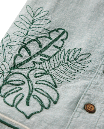 Boys Embroidered Tropical Leaf Linen-Blend Button Up Shirt - Amalfi Coast