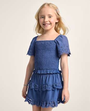 Girls Embroidered Eyelet Smocked Top - Driftwood Bay