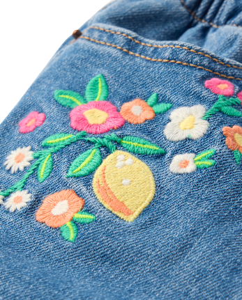 Girls Embroidered Floral Paperbag Waist Jeans Shorts - Amalfi Coast