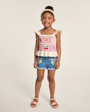 Girls Embroidered Floral Paperbag Waist Jeans Shorts - Amalfi Coast