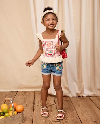Girls Embroidered Floral Paperbag Waist Jeans Shorts - Amalfi Coast