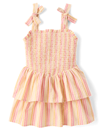 Girls Metallic Striped Smocked Bow Shoulder Dress - Amalfi Coast
