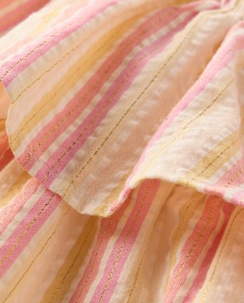 Girls Metallic Striped Smocked Bow Shoulder Dress - Amalfi Coast