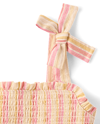 Girls Metallic Striped Smocked Bow Shoulder Dress - Amalfi Coast
