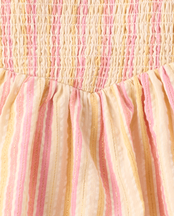 Girls Metallic Striped Smocked Bow Shoulder Dress - Amalfi Coast