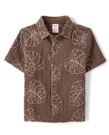 Boys Embroidered Tropical Leaf Gauze Button Up Shirt - Amalfi Coast