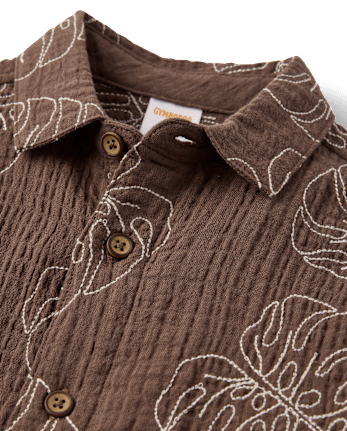 Boys Embroidered Tropical Leaf Gauze Button Up Shirt - Amalfi Coast