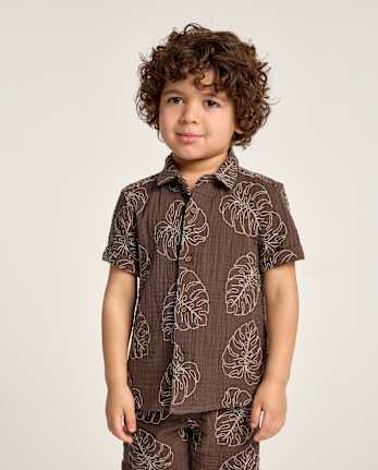 Boys Embroidered Tropical Leaf Gauze Button Up Shirt - Amalfi Coast