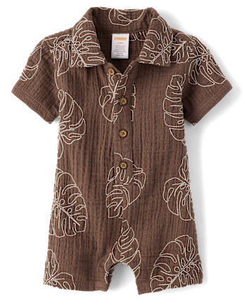 Baby Boys Embroidered  Tropical Leaf Gauze Romper - Amalfi Coast