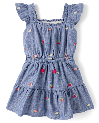Girls Embroidered Fruit Chambray Ruffle Dress - Amalfi Coast