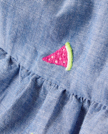 Girls Embroidered Fruit Chambray Ruffle Dress - Amalfi Coast