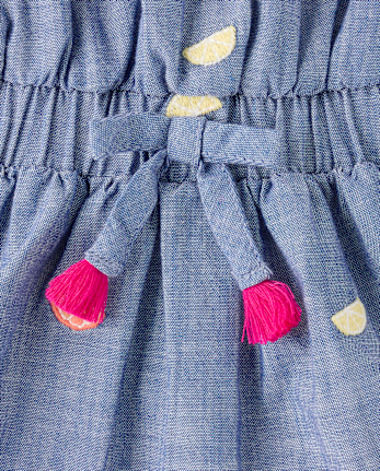 Girls Embroidered Fruit Chambray Ruffle Dress - Amalfi Coast