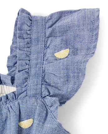 Girls Embroidered Fruit Chambray Ruffle Dress - Amalfi Coast