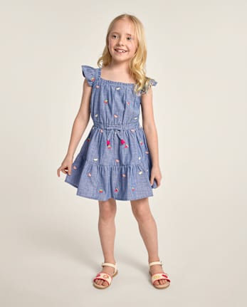 Girls Embroidered Fruit Chambray Ruffle Dress - Amalfi Coast
