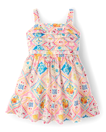 Girls Tile Pleated Ruffle Dress - Amalfi Coast