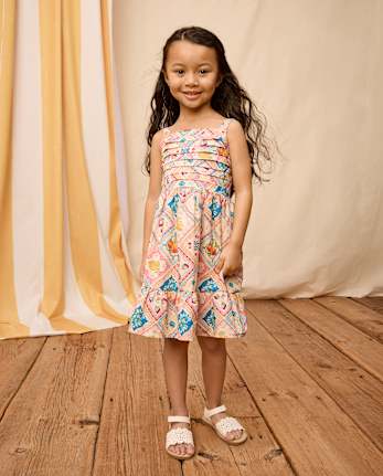 Girls Tile Pleated Ruffle Dress - Amalfi Coast