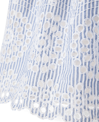 Girls Striped Embroidered Eyelet Bow Shoulder Dress - Driftwood Bay