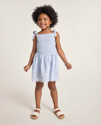 Girls Striped Embroidered Eyelet Bow Shoulder Dress - Driftwood Bay