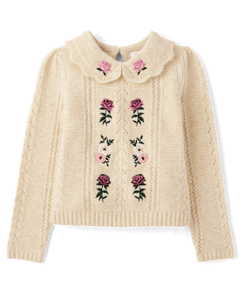 Girls Embroidered Floral Peter Pan Sweater - Countryside Manor